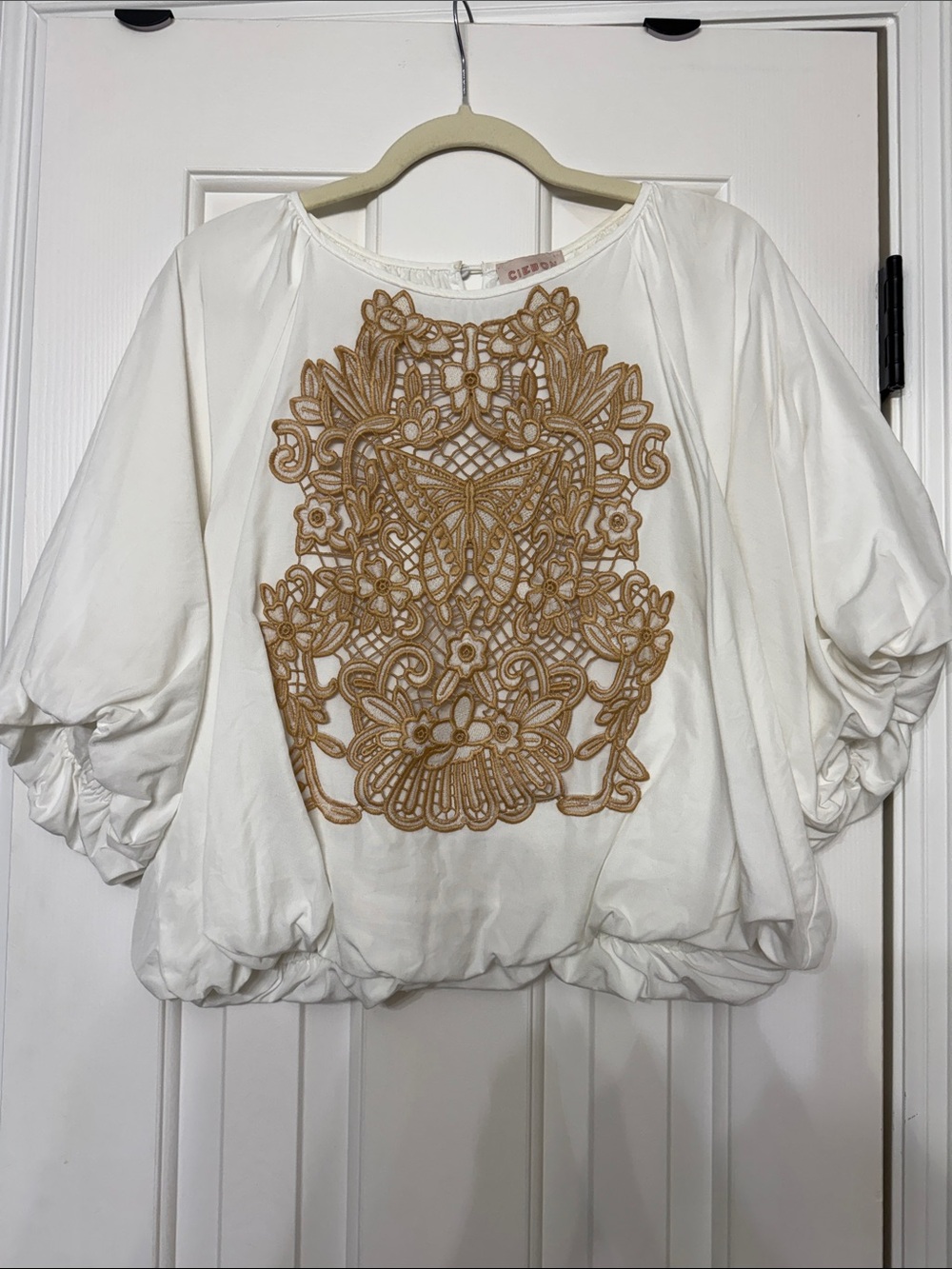 Ciebon White blouson Top with Tan Embroidered Panel - Women's